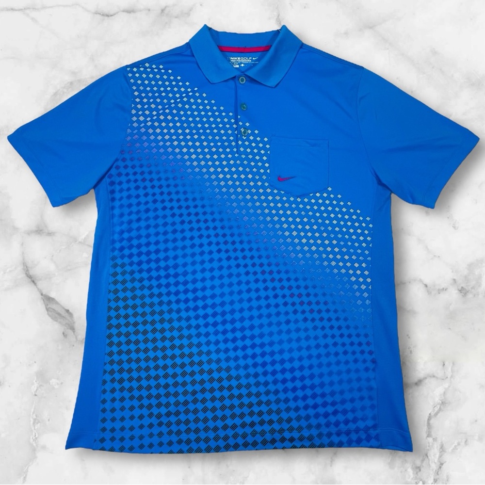 Nike Golf Tour Performance Dri-Fit Blue Geometric Pocket Polo Shirt 481813 Large
